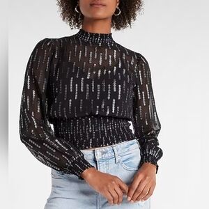 Express Black with Silver Thread Smocked Waist Full Sleeve Blouse - Size XS